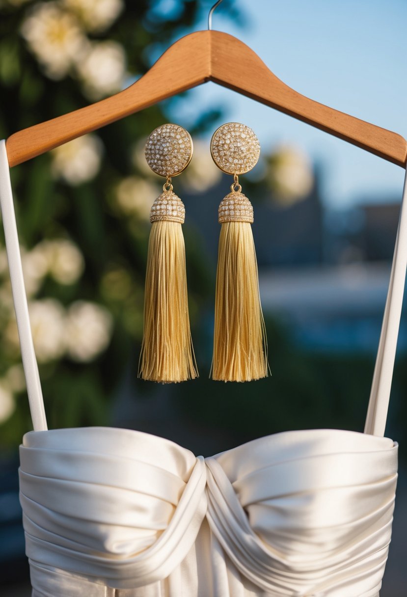 A pair of gold tassel earrings hanging from a modern twist strapless dress, creating a glamorous wedding look