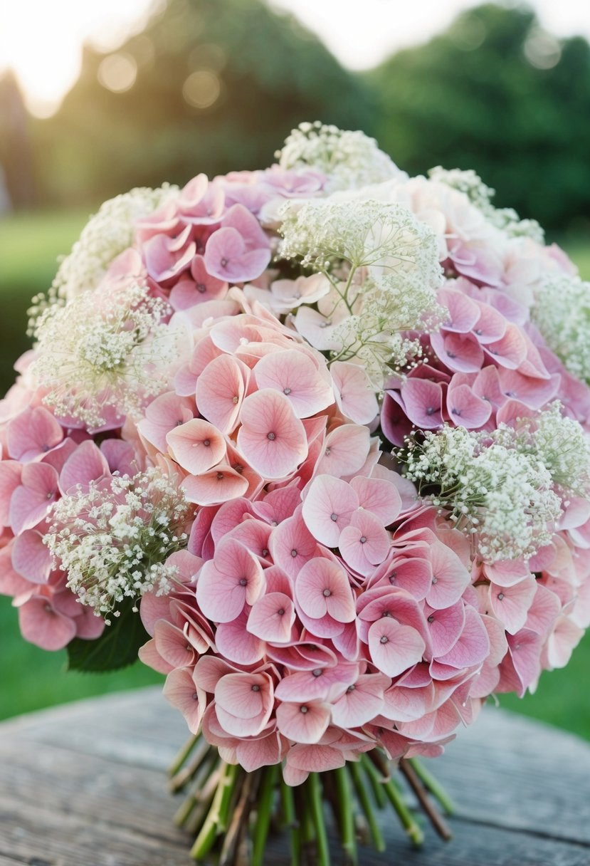 A lush bouquet of soft pink hydrangeas mixed with delicate baby's breath