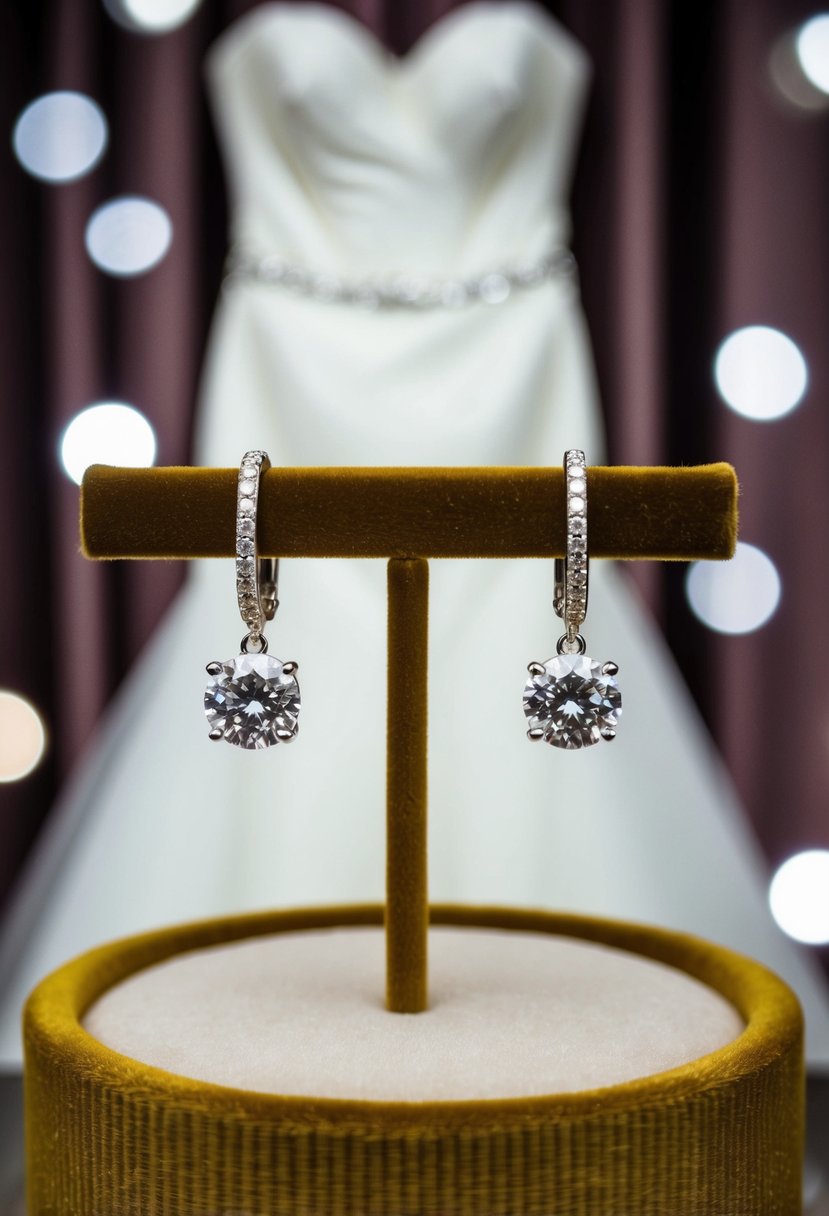 A pair of sparkling diamond earrings dangle from a velvet display, set against a backdrop of a luxurious strapless wedding dress