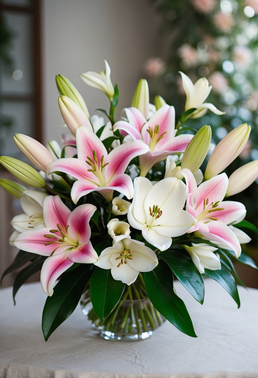 A delicate bouquet of pink lilies and white magnolia flowers arranged in a lush, romantic style