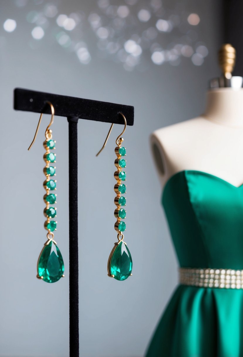 A pair of emerald drop earrings hanging from a jewelry stand next to a green strapless dress on a mannequin