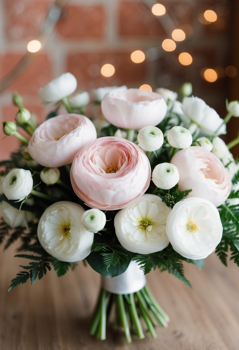 A delicate bouquet of light pink ranunculus and white spray roses