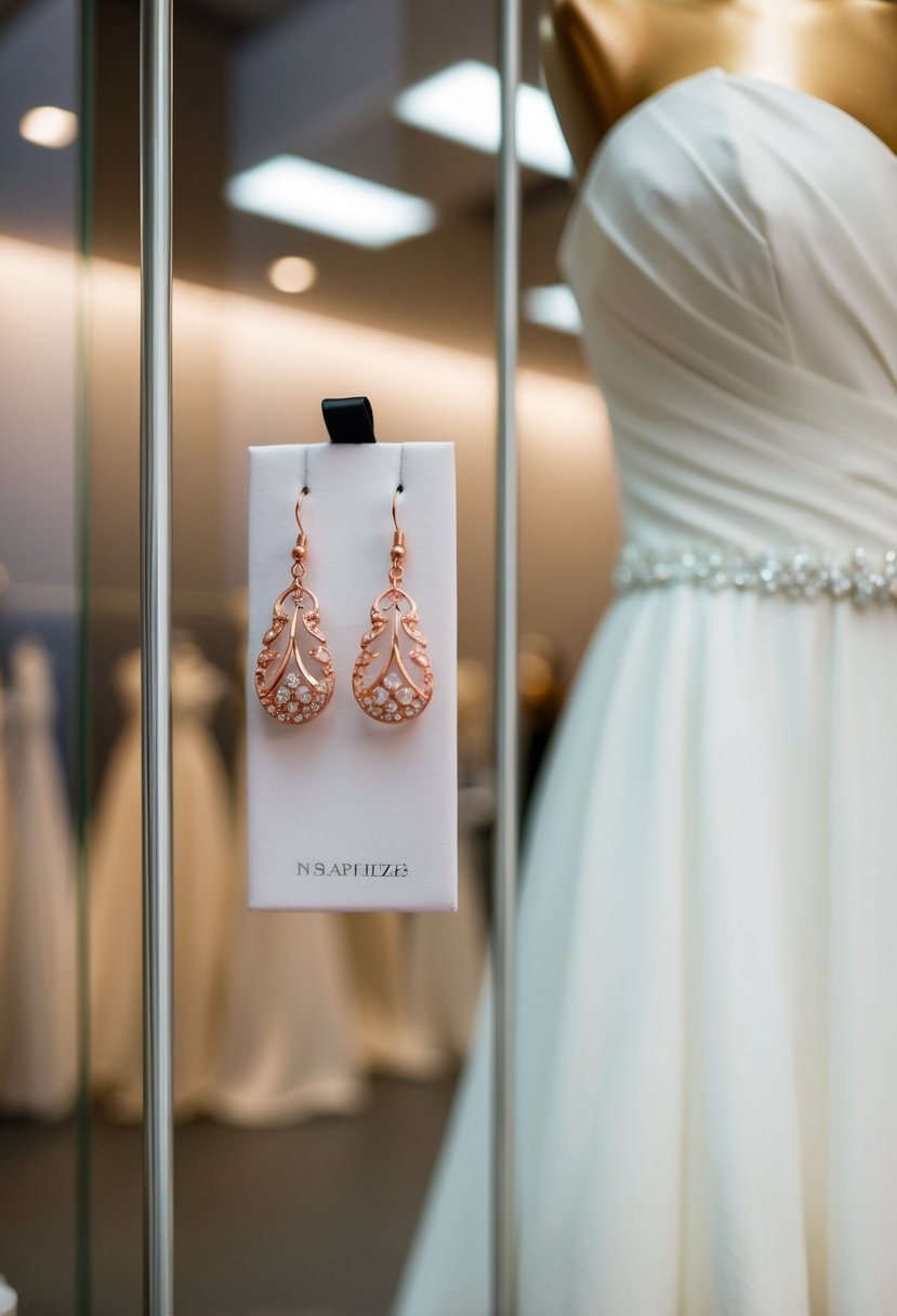 A delicate pair of rose gold earrings dangle from a display, next to a strapless wedding dress, evoking subtle sophistication