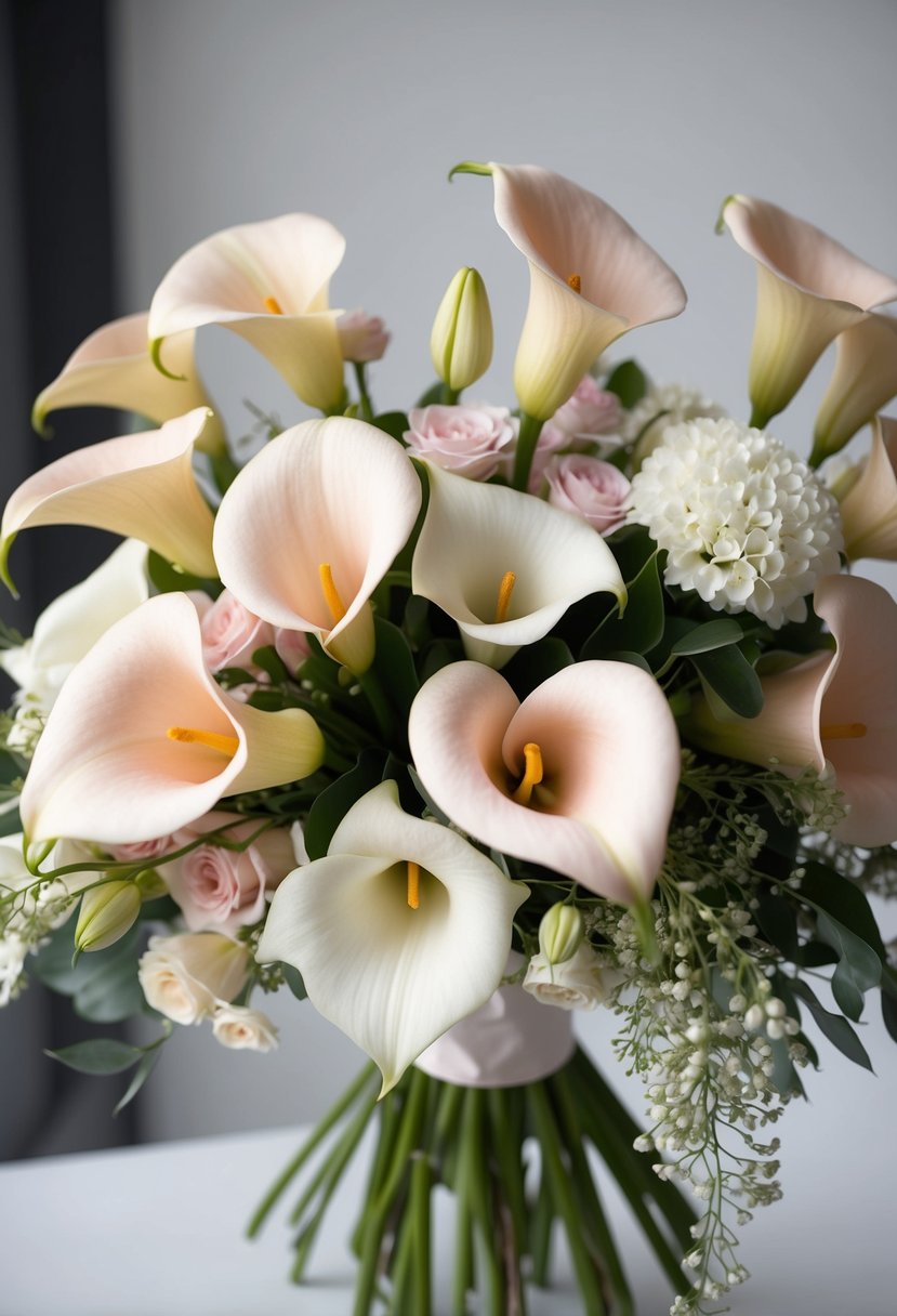 A delicate bouquet of blush calla lilies and white freesia, with hints of pink, arranged in a cascading style