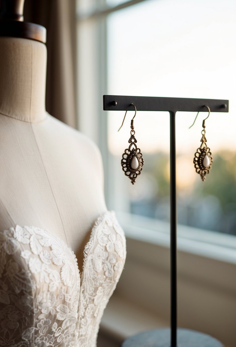 A delicate pair of vintage-inspired earrings dangle from a jewelry stand next to a strapless lace wedding dress, evoking a nostalgic and romantic vibe