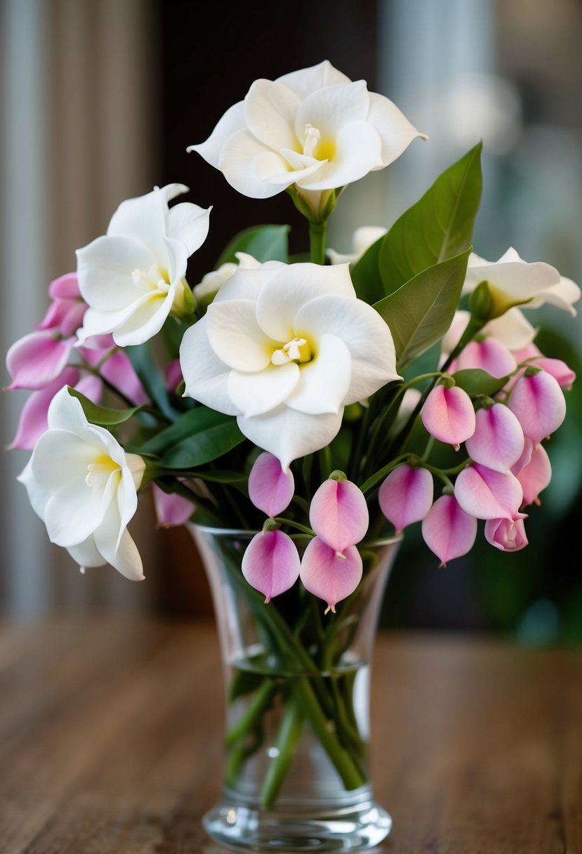 A delicate bouquet of white gardenias and pink sweet peas in a glass vase