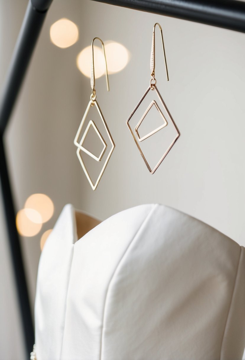 Two simple geometric earrings floating above a strapless dress, adding a modern touch to a wedding ensemble