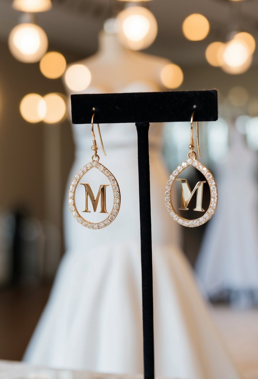 Two elegant initial earrings hanging on a jewelry stand, with a strapless wedding dress in the background