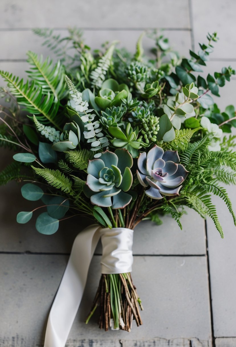 A lush wedding bouquet of greenery, including eucalyptus, ferns, and succulents, tied with a flowing silk ribbon