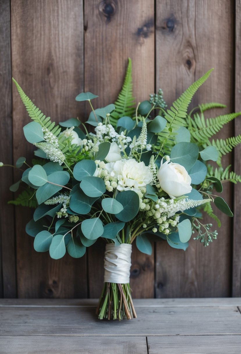 A lush wedding bouquet featuring eucalyptus and ferns, intertwined with delicate white flowers, set against a rustic wooden backdrop