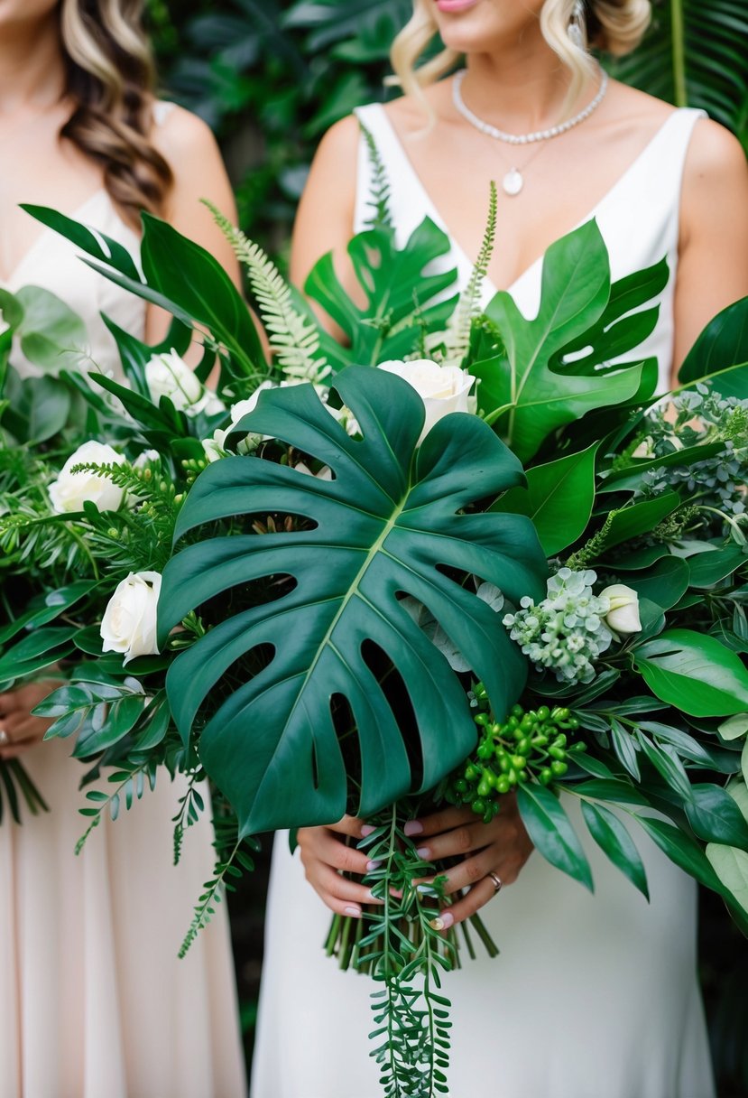 A lush arrangement of monstera leaves, mixed with other greenery, creates a stunning wedding bouquet