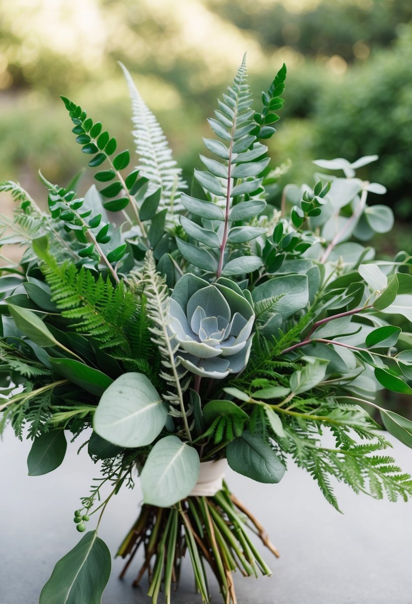 A lush bouquet of sage and greenery, with delicate ferns and eucalyptus leaves intertwined, creating a natural and elegant arrangement