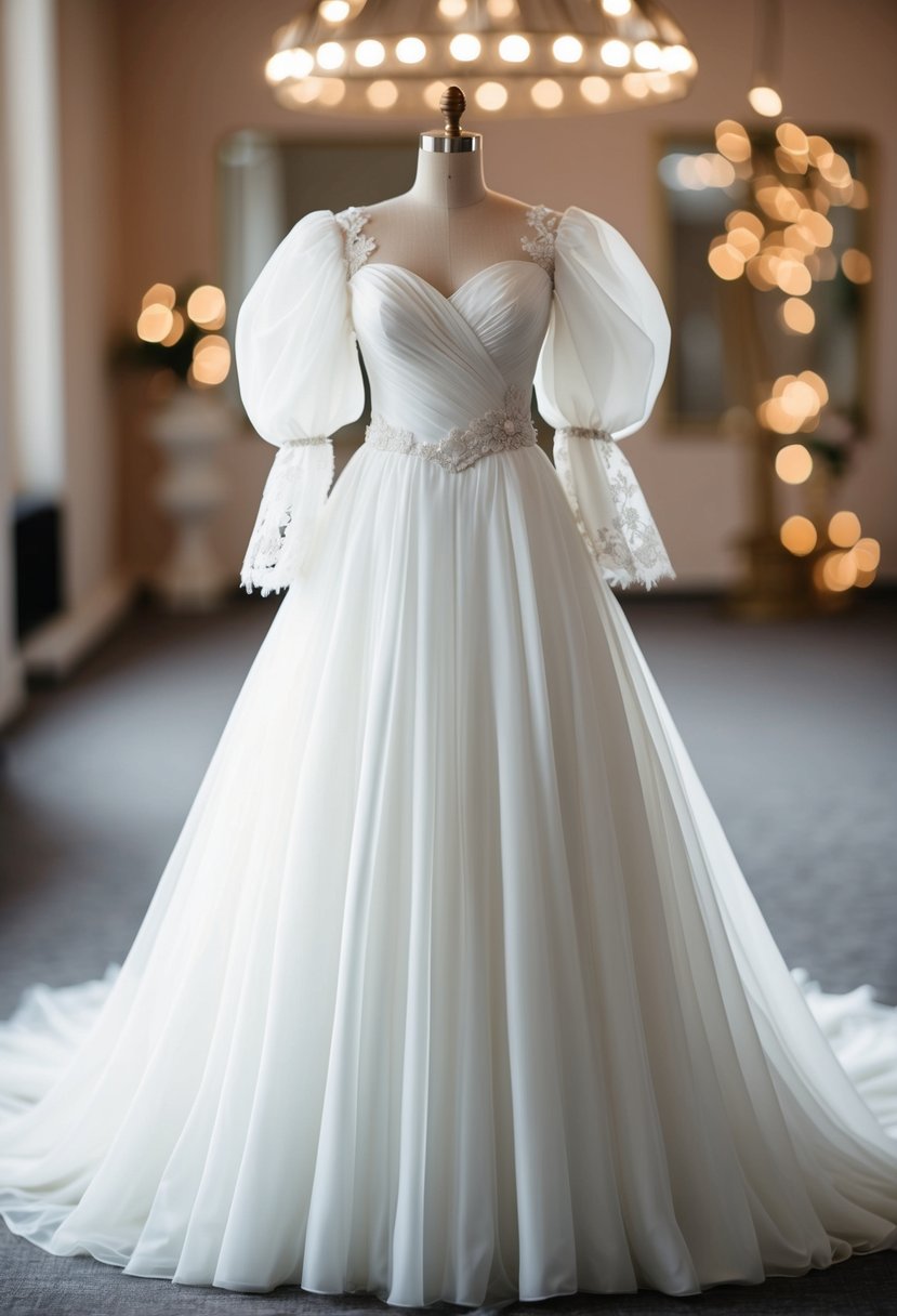 A flowing white wedding dress with puffy sleeves and a sweetheart neckline, accented with lace and pearl details