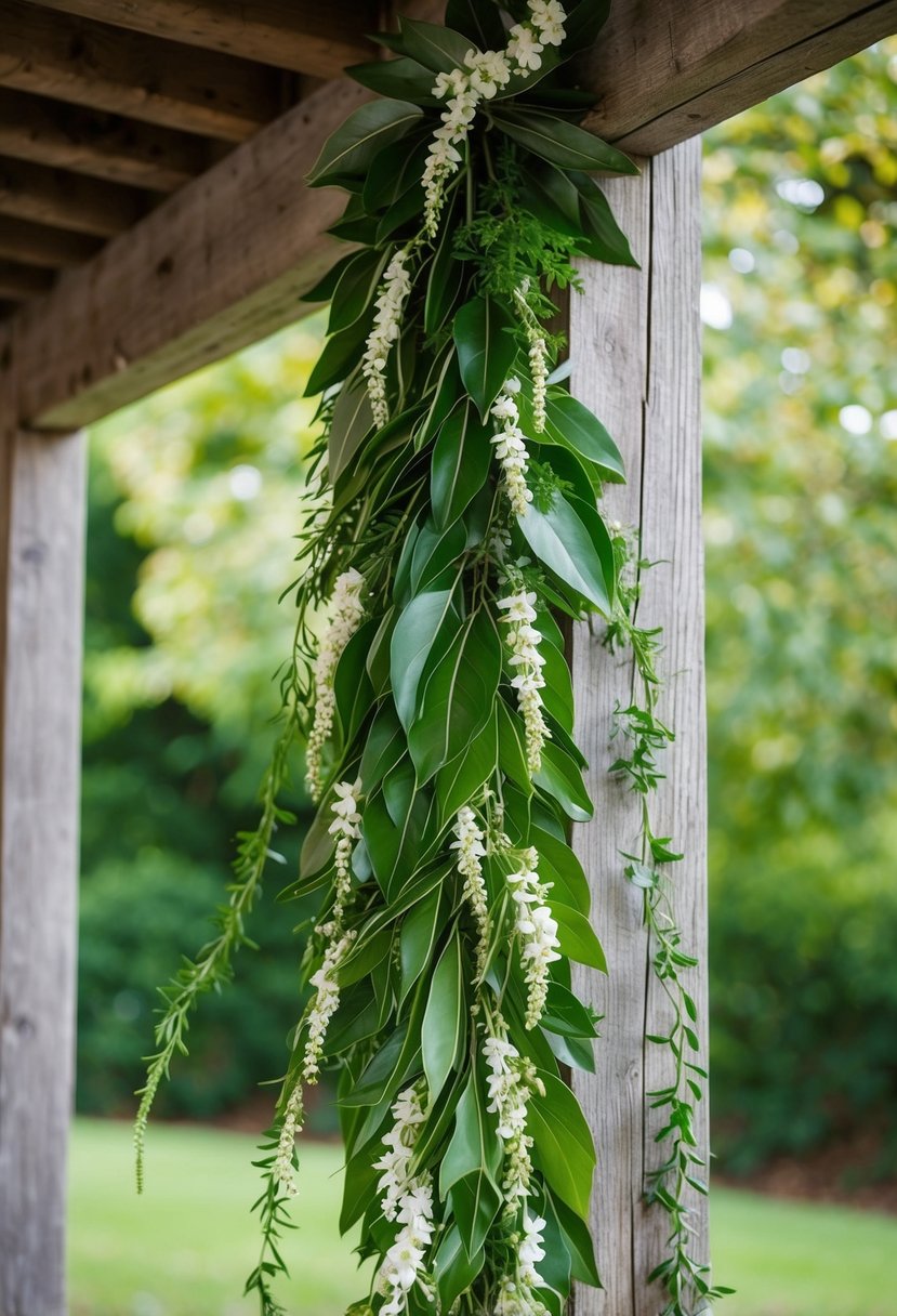 A lush bay leaf garland cascades down from a rustic wooden beam, intertwined with delicate white flowers and trailing greenery