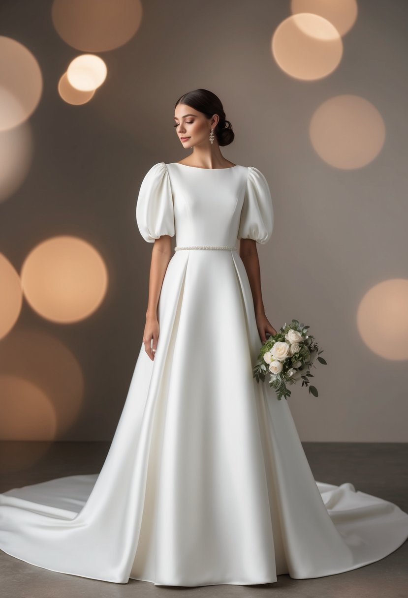 An elegant A-line wedding dress with puffy sleeves and a simple, flowing silhouette