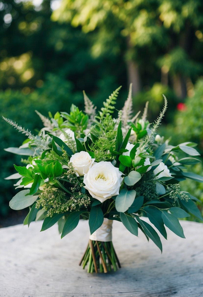 A lush wedding bouquet featuring dusty miller leaves and vibrant greenery