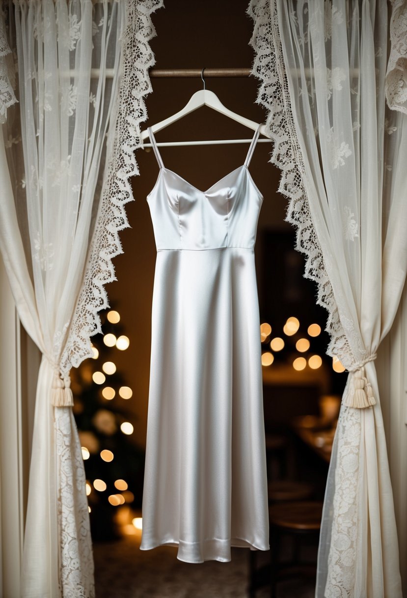 A satin slip dress hangs on a vintage coat rack, surrounded by soft lighting and delicate lace curtains, creating an elegant and nostalgic atmosphere