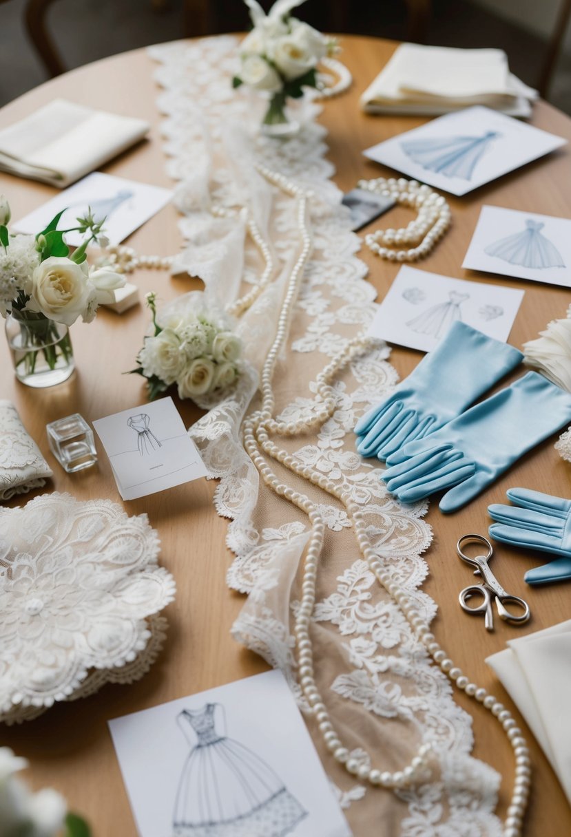 A table strewn with lace, pearls, and fabric swatches. Gloves and sketches of wedding dress ideas scattered around