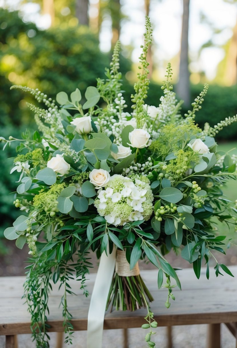 A lush wedding bouquet featuring Italian Ruscus and Huckleberry greenery, arranged in a cascading style with delicate white flowers