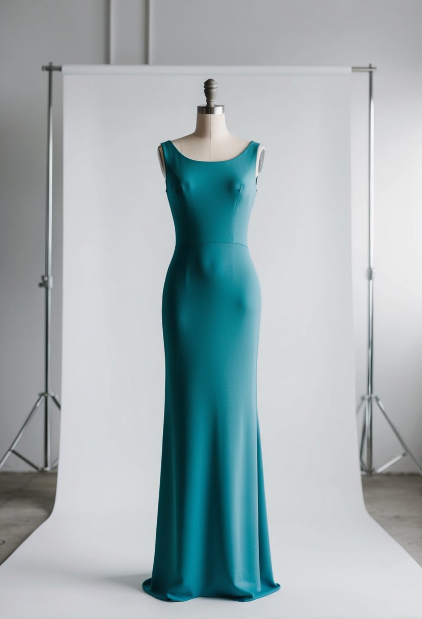 A simple, minimalist crepe column gown on a mannequin in a modern, minimalistic studio setting