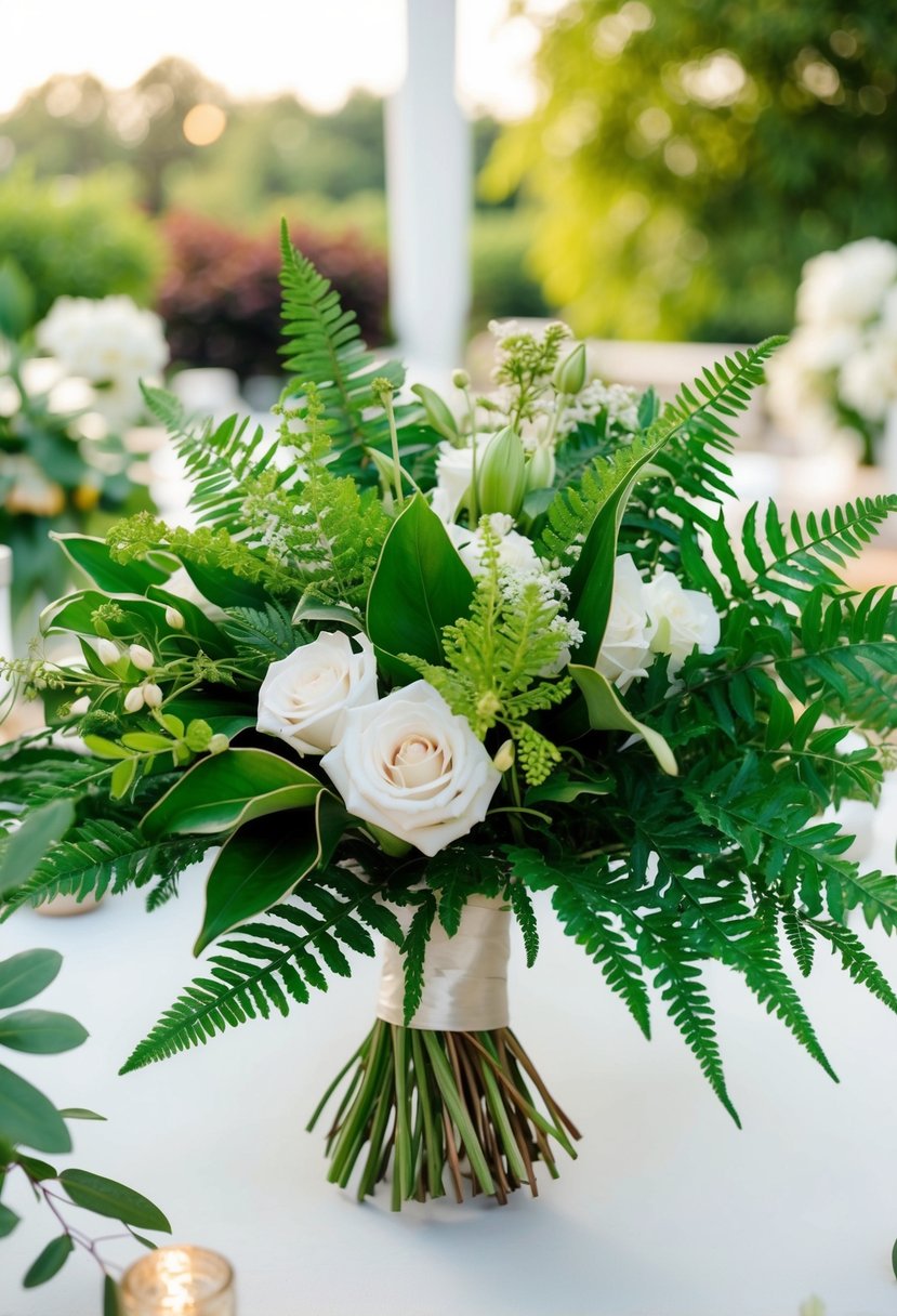 A lush wedding bouquet featuring a base of vibrant green leather leaf fern and other assorted greenery