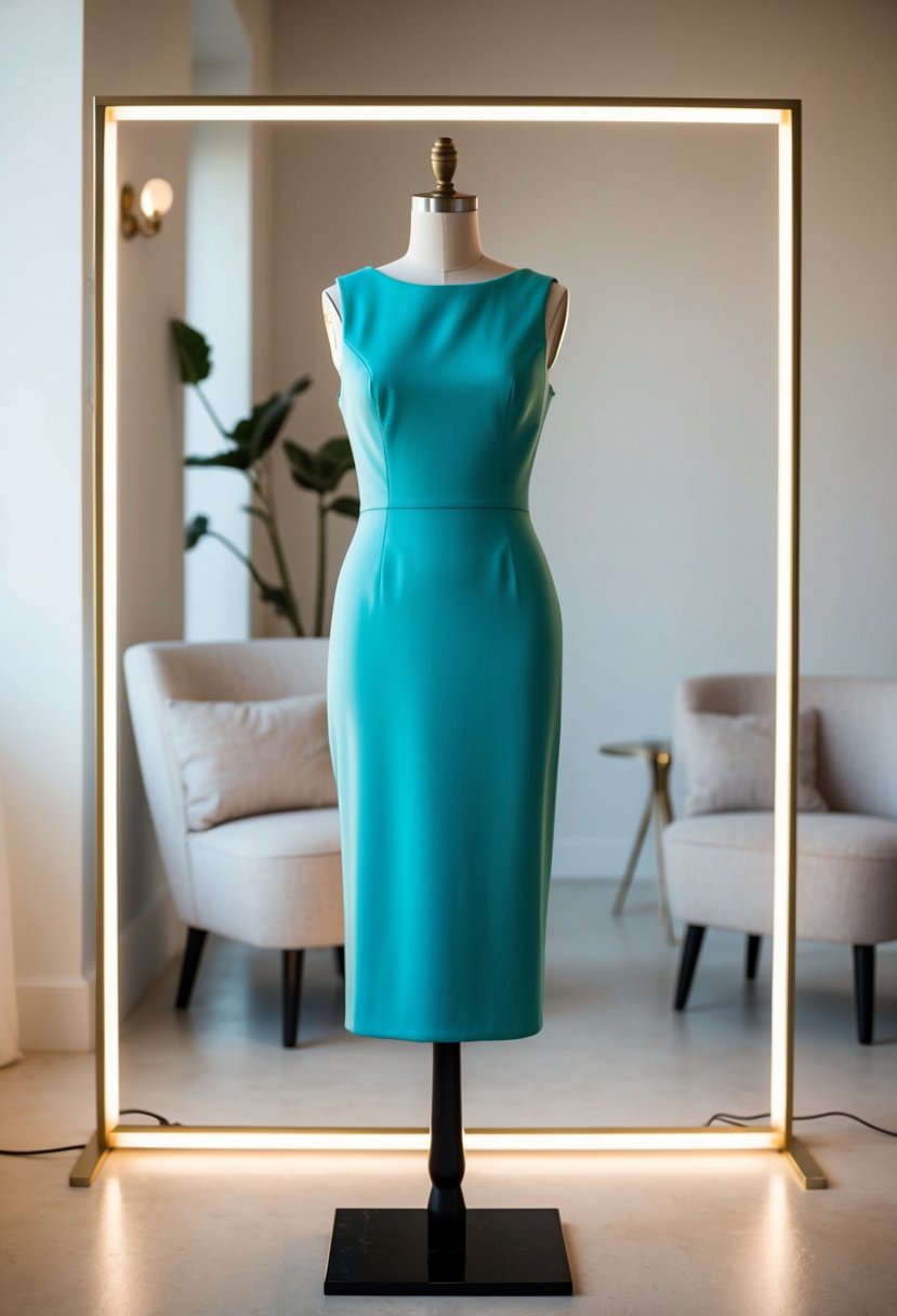 A simple sheath dress on a mannequin, surrounded by minimalist decor and soft lighting