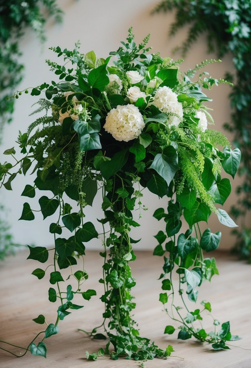 A lush greenery wedding bouquet featuring cascading ivy trails and delicate foliage