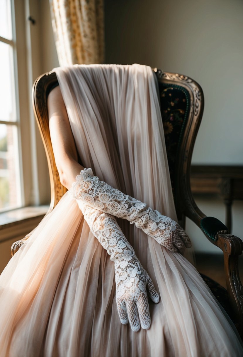 A bohemian gown with lace fingerless gloves, draped over an antique chair in a sunlit room