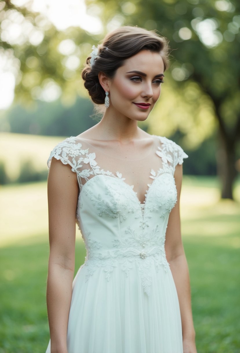 A simple 80s wedding dress with delicate lace embellishments, exuding subtle elegance