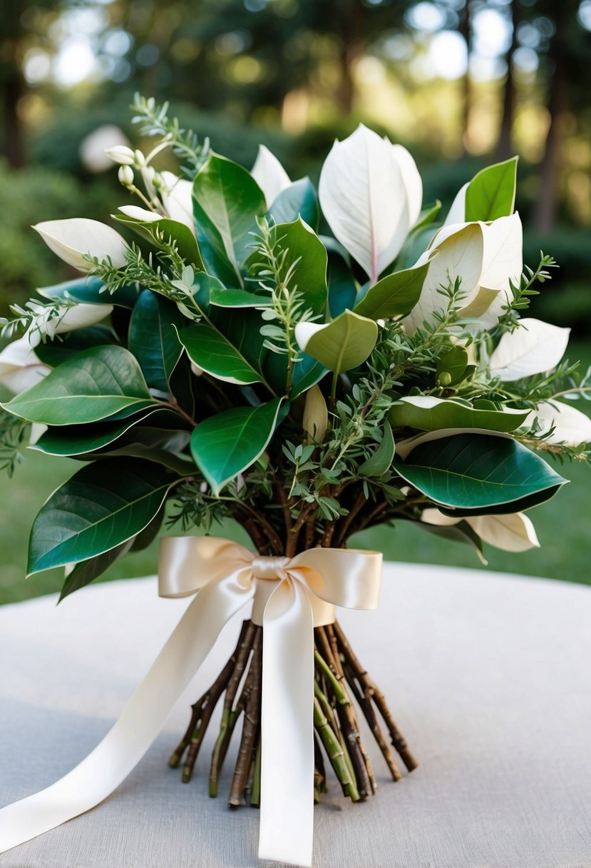 A lush bouquet of magnolia leaves, interspersed with delicate greenery, tied with a satin ribbon