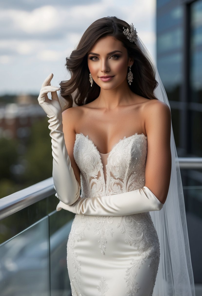 A mermaid-style wedding dress paired with elbow-length satin gloves exudes chic sophistication