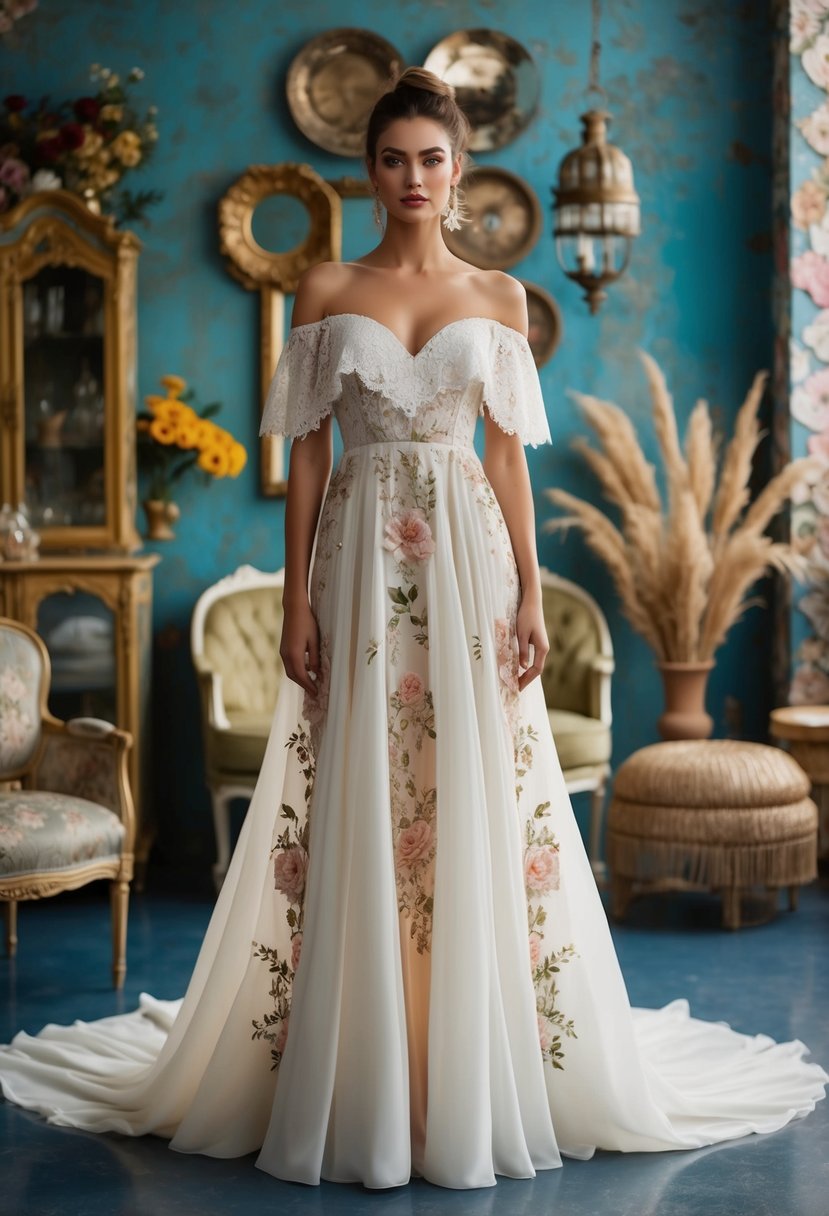 A flowing, off-the-shoulder gown with lace details, floral embroidery, and a relaxed fit, set against a backdrop of eclectic, vintage-inspired decor