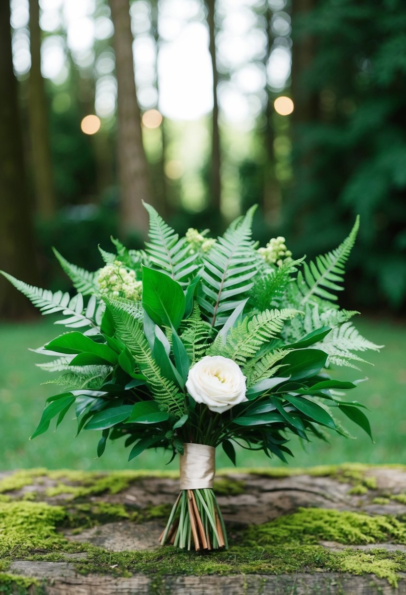 A lush wedding bouquet of salal leaves, ferns, and greenery