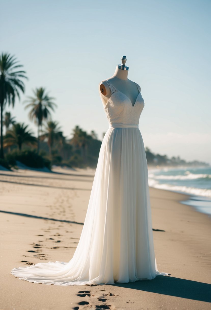 A simple, flowing 80s-inspired wedding dress on a deserted, sunlit beach with palm trees and gentle waves