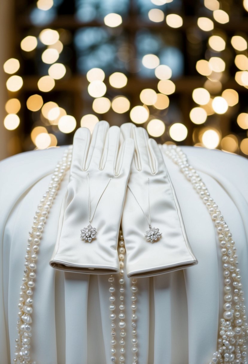 A pair of short gloves resting on top of a pearl-embellished wedding dress