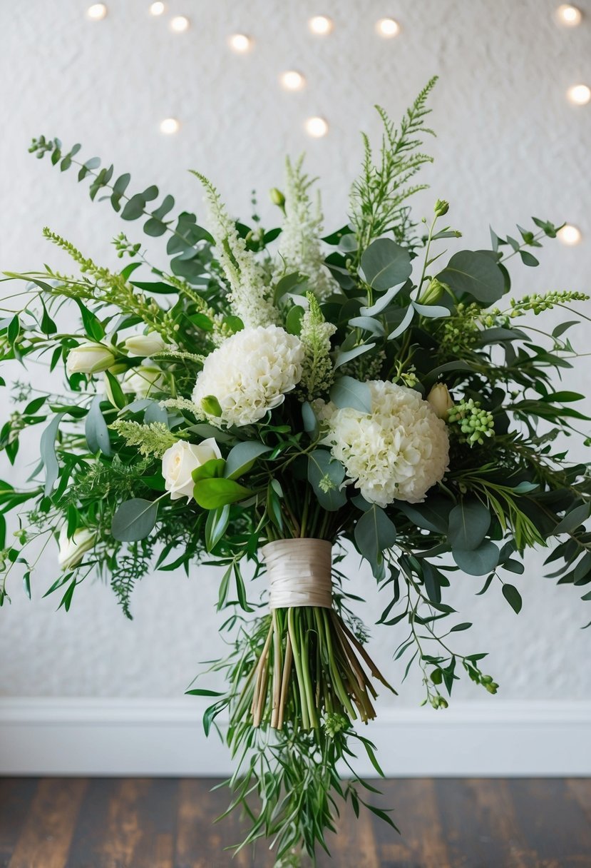 A lush wedding bouquet featuring Israeli Ruscus and accent greenery, arranged in a cascading style with elegant, flowing lines