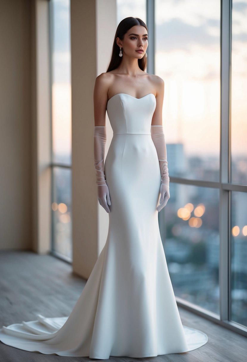 A sleek, floor-length gown in minimalist style, paired with sheer gloves, creates a modern and elegant wedding dress ensemble