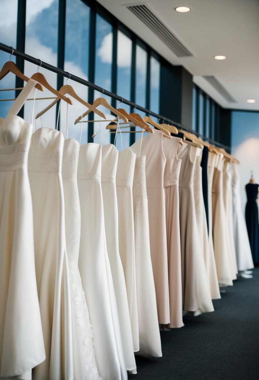 A row of minimalist 80s-inspired wedding gowns on display, showcasing clean lines and simple silhouettes