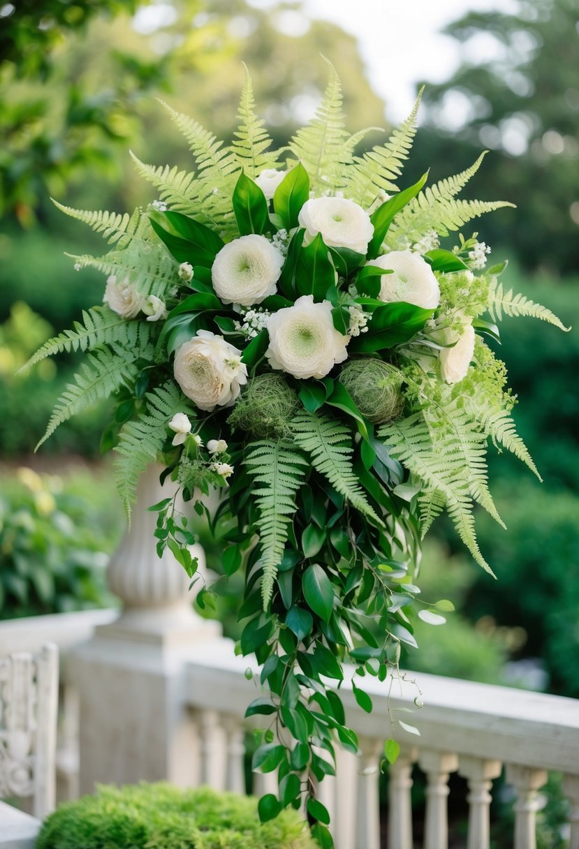 A lush, cascading wedding bouquet featuring Bird's Nest Fern and other greenery