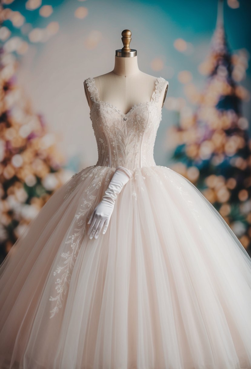 A flowing tulle gown with delicate gloves, set against a dreamy fairytale backdrop