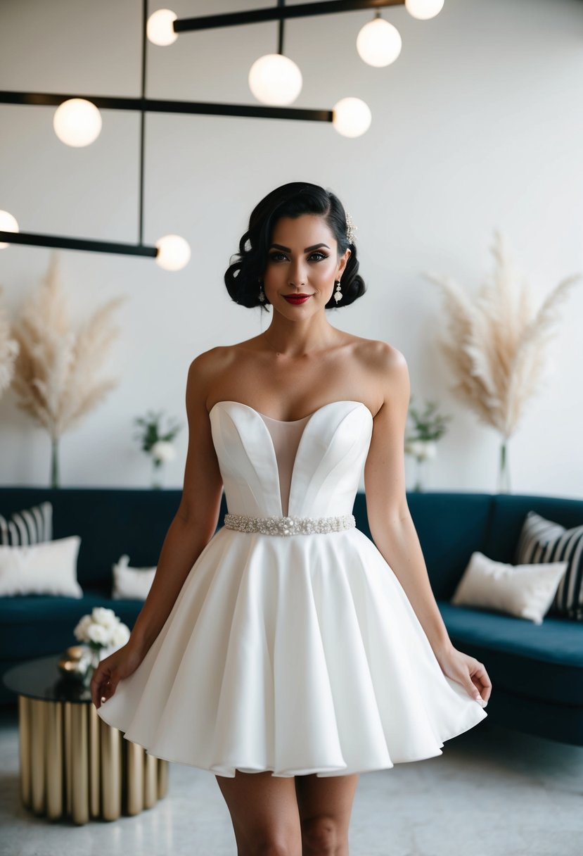 A bride in a short, 80s-inspired wedding dress, surrounded by minimalist decor and modern details