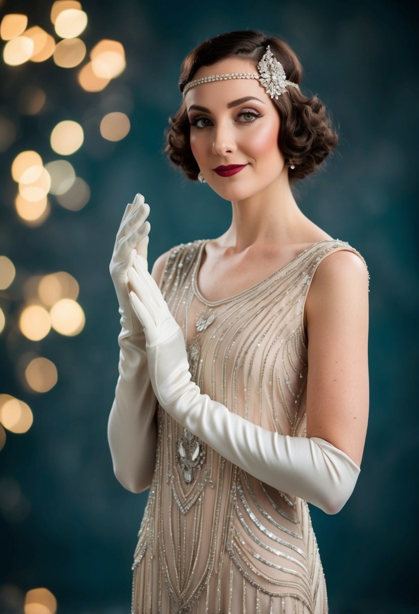 An elegant Art Deco dress with flapper-style gloves, exuding 1920s glamour