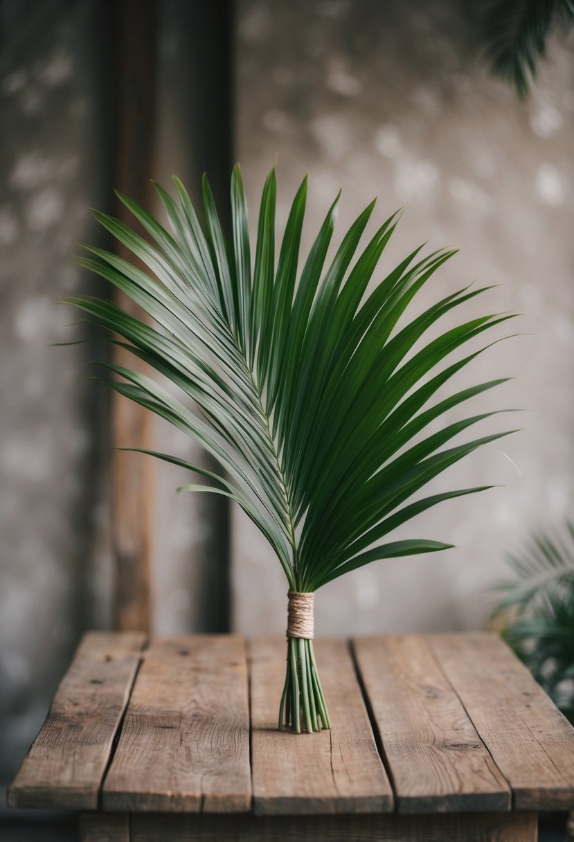 A delicate palm leaf bouquet resting on a rustic wooden table