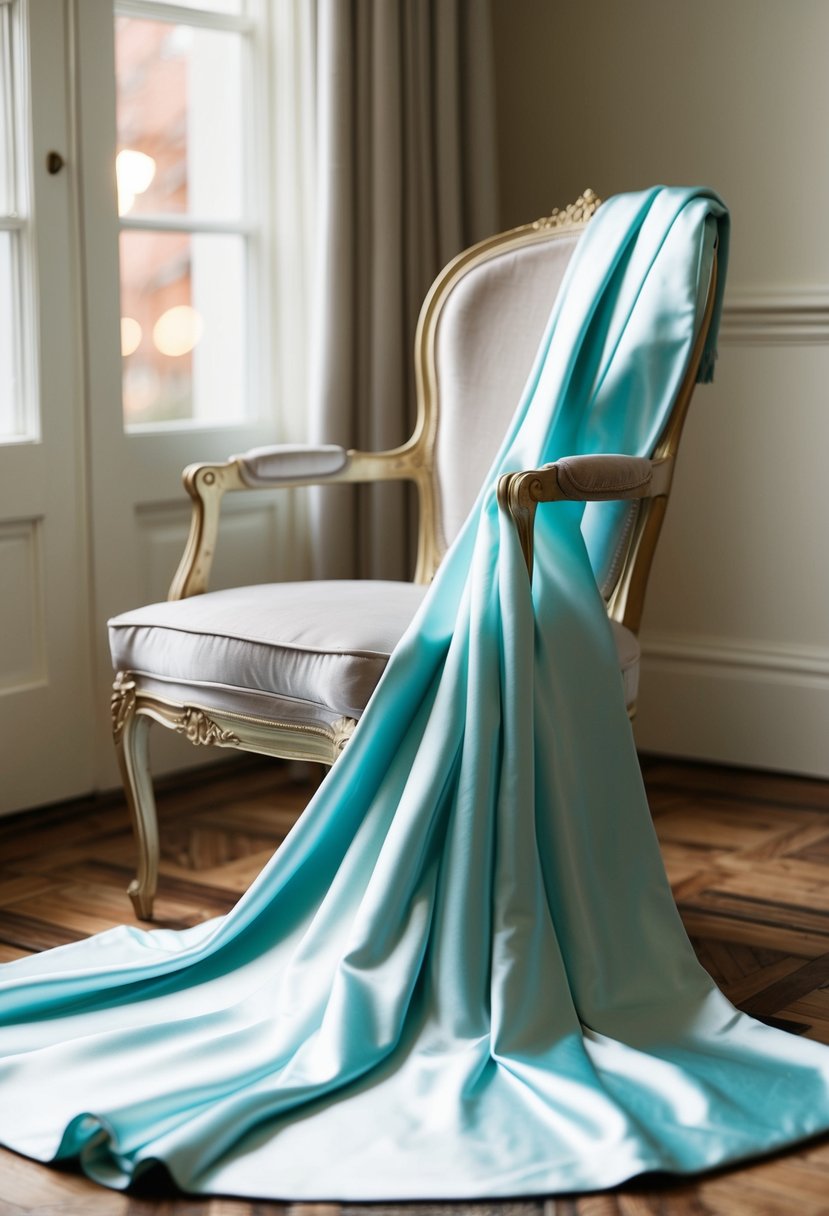 A satin ball gown draped over a vintage chair in a softly lit room