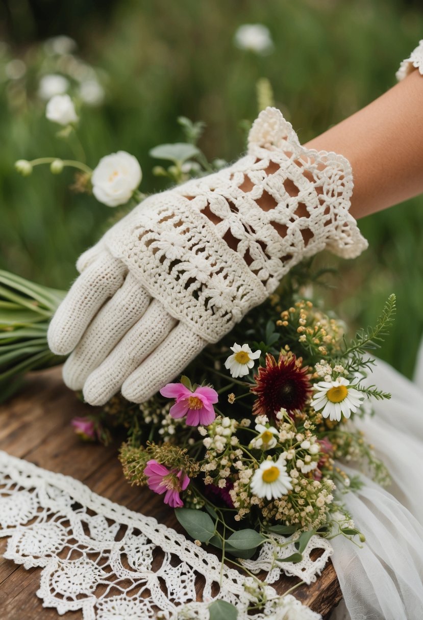 A rustic wedding scene with crochet gloves, wildflowers, and vintage lace