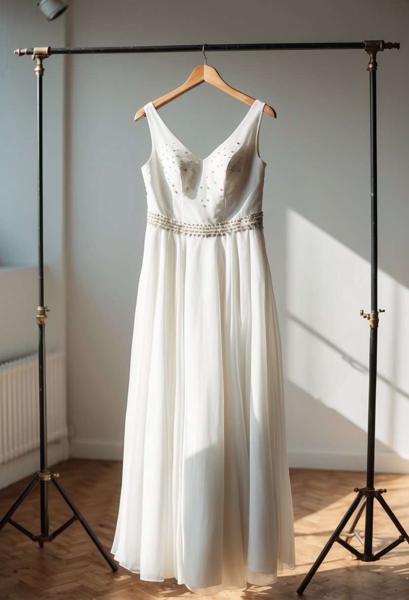 A simple 80s-style wedding dress with minimal embellishments hangs on a vintage mannequin in a sunlit studio