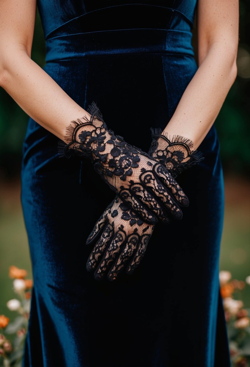 A black lace glove draped over a dark velvety wedding dress