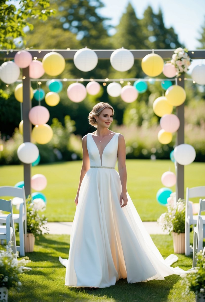 A sunny outdoor garden wedding with a bride in a flowing A-line dress, surrounded by simple yet elegant 80s-inspired decor