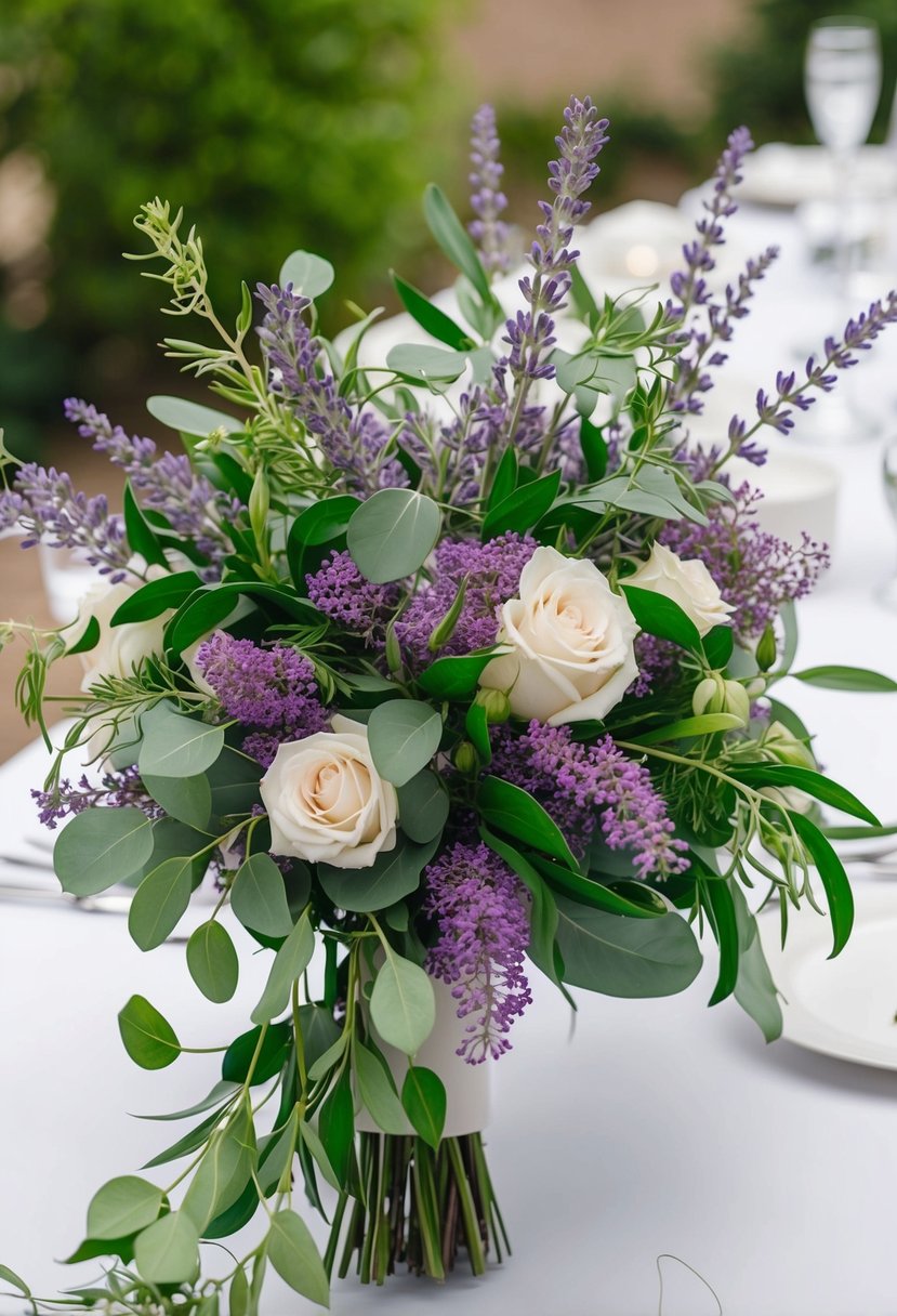 A lush wedding bouquet with lavender and green foliage, arranged in a cascading style, with delicate sprigs of greenery and lavender blooms intertwined