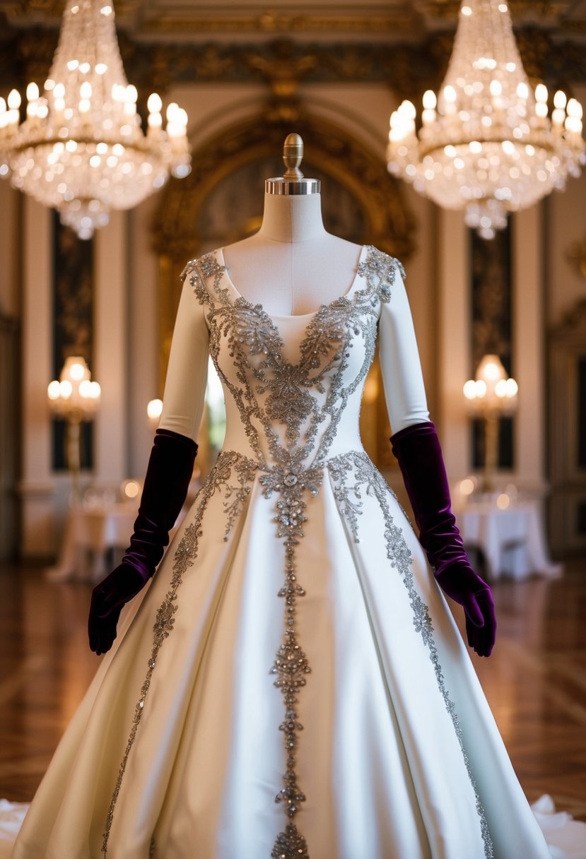 A luxurious, regal-inspired wedding dress adorned with velvet gloves, set against a grand ballroom backdrop with ornate chandeliers and opulent decor